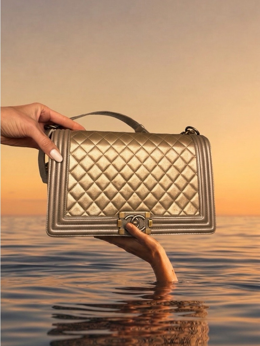 CHANEL Boy large Metallic Gold Silver Quilted Shoulder Bag